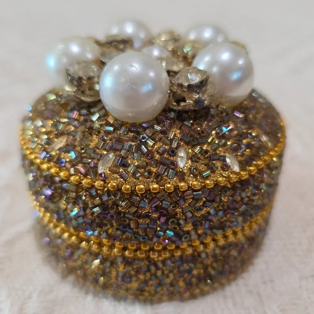 Vintage Gold Bead Pearl & Rhinestone Encrusted Metal Trinket Gift Vanity Box